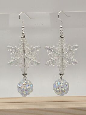 Iridescent Snowflake Dangle Earrings - White Crystal